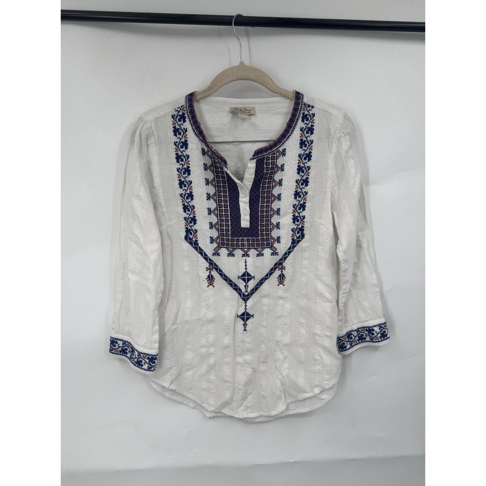 Lucky Brand Embroidered Blouse Women S White Boho Peasant Top Henley 3/4 Sleeve